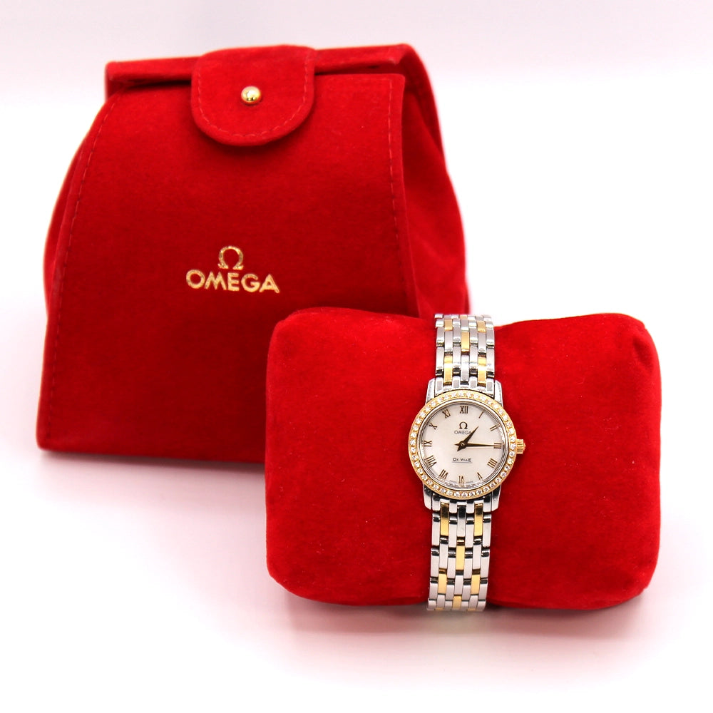 Vintage Omega De Ville Prestige Ladies Watch 22mm with Diamond Bezel and Original Pouch