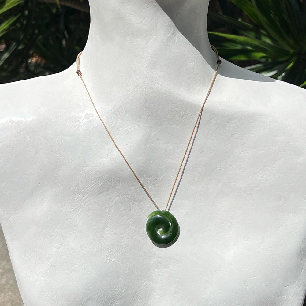 New Zealand Green Jade Koru Fern Pendant with Adjustable Hemp Cord