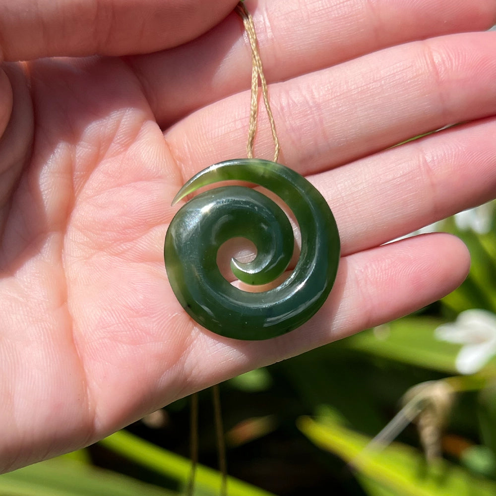 New Zealand Green Jade Koru Fern Pendant with Adjustable Hemp Cord