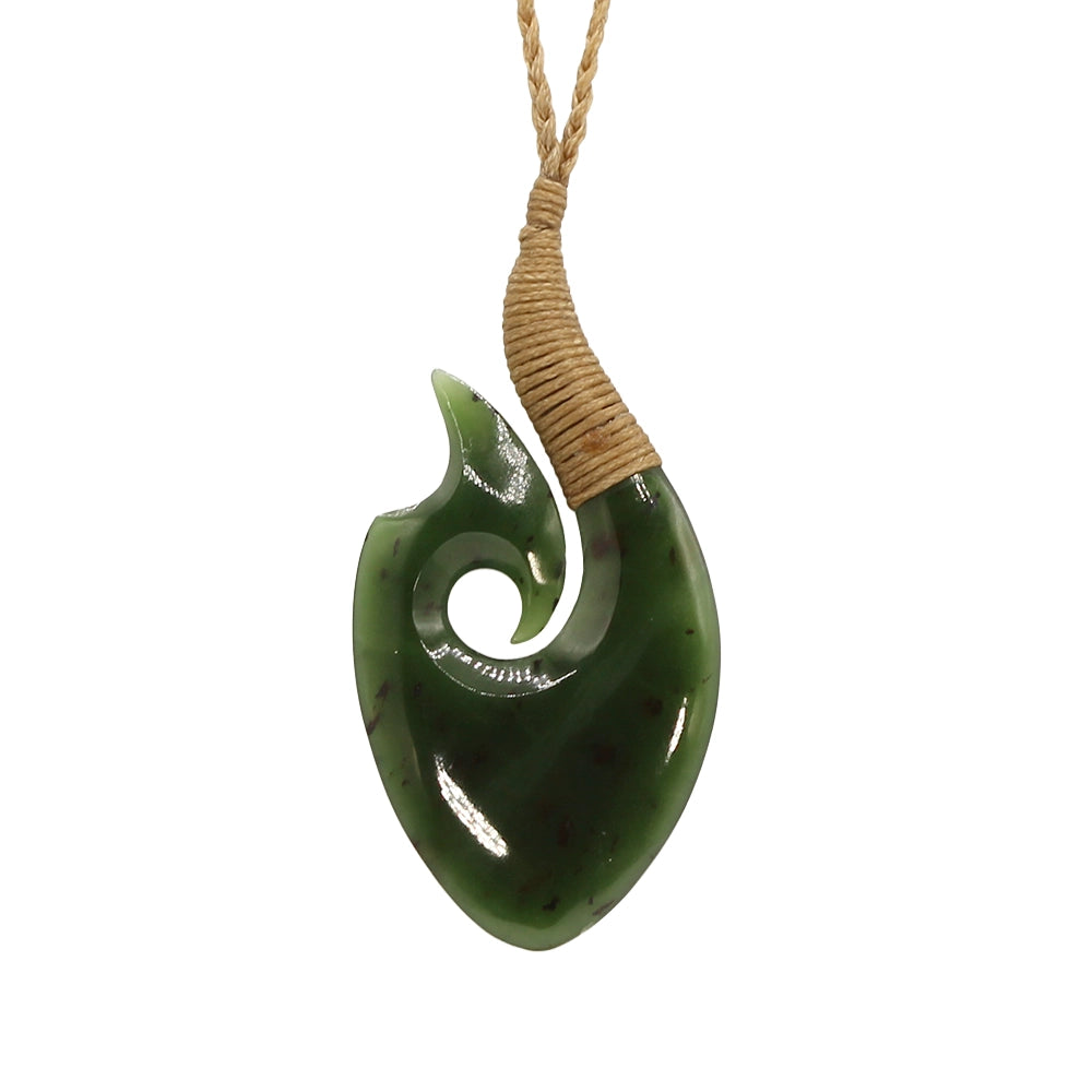 New Zealand Green Jade Matau Fish Hook Pendant with Hemp Cord