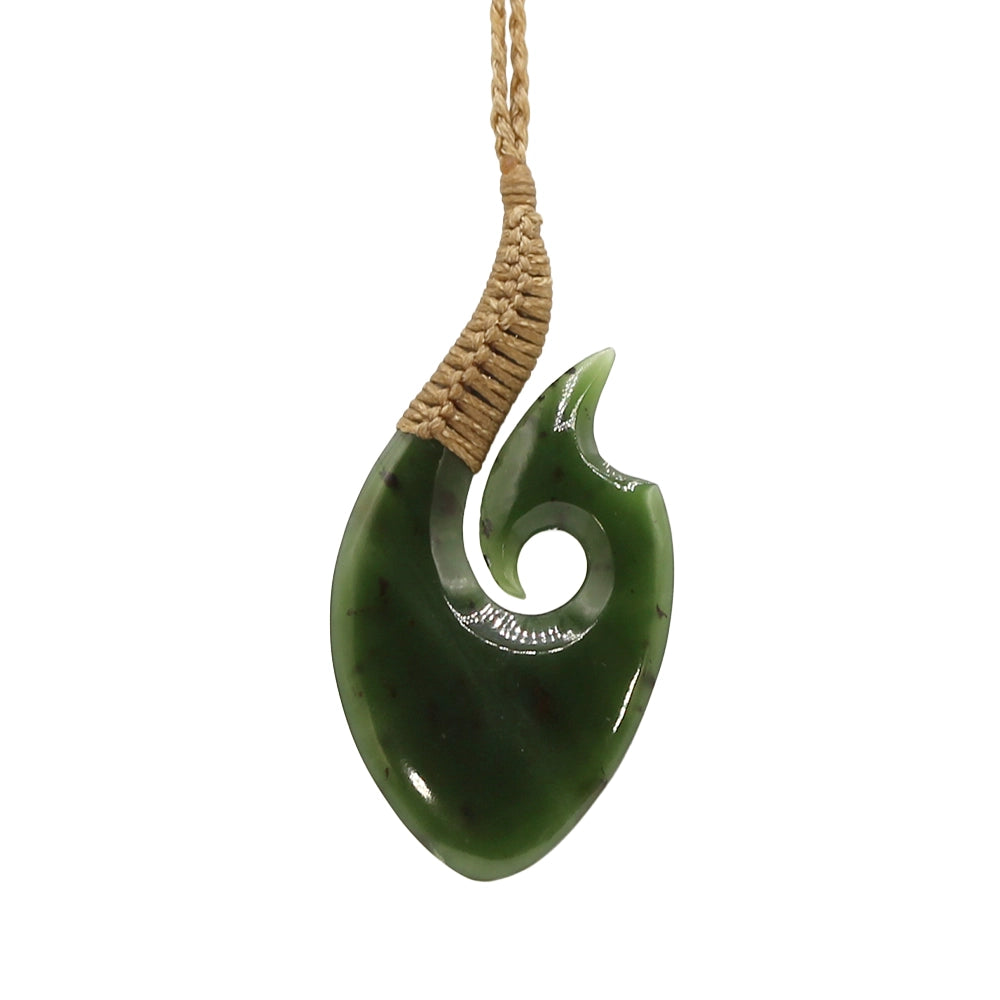 New Zealand Green Jade Matau Fish Hook Pendant with Hemp Cord