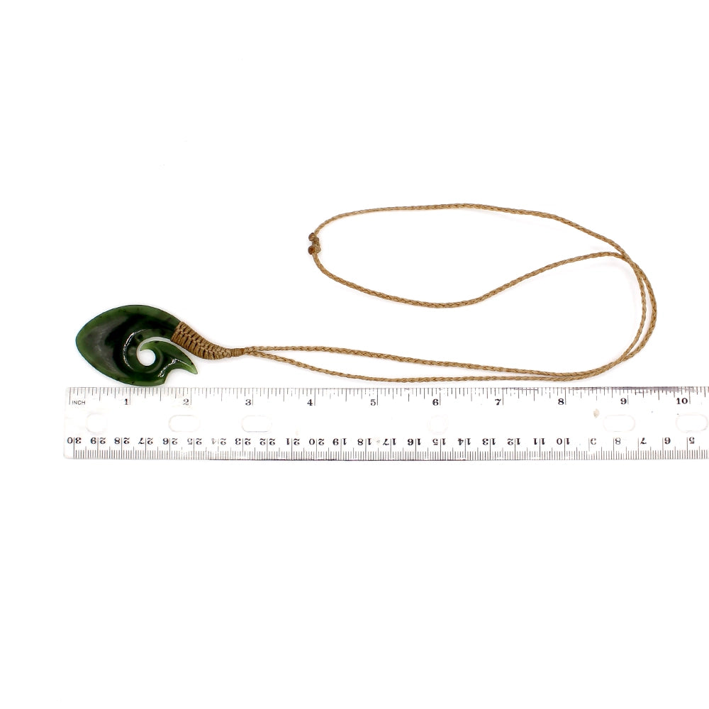New Zealand Green Jade Matau Fish Hook Pendant with Hemp Cord