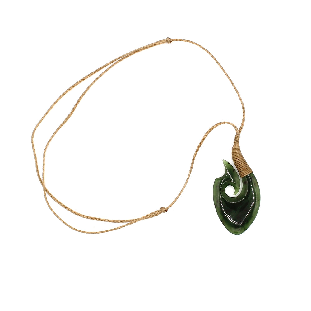New Zealand Green Jade Matau Fish Hook Pendant with Hemp Cord