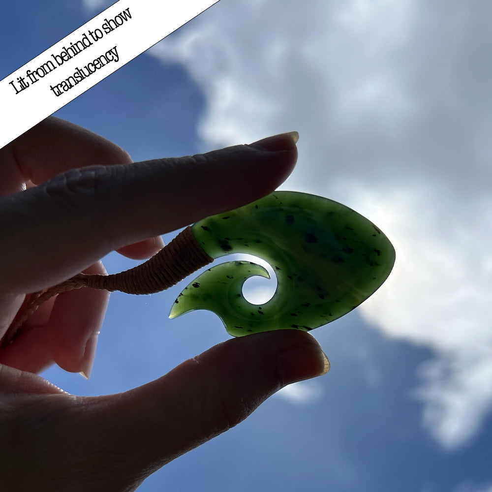 New Zealand Green Jade Matau Fish Hook Pendant with Hemp Cord