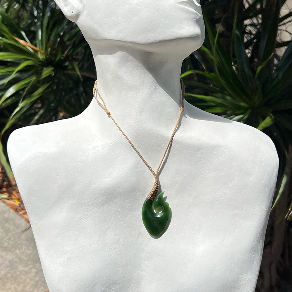 New Zealand Green Jade Matau Fish Hook Pendant with Hemp Cord