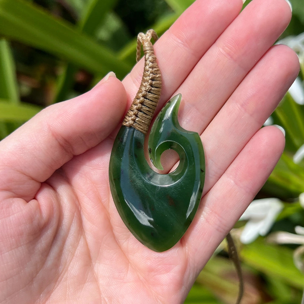 New Zealand Green Jade Matau Fish Hook Pendant with Hemp Cord