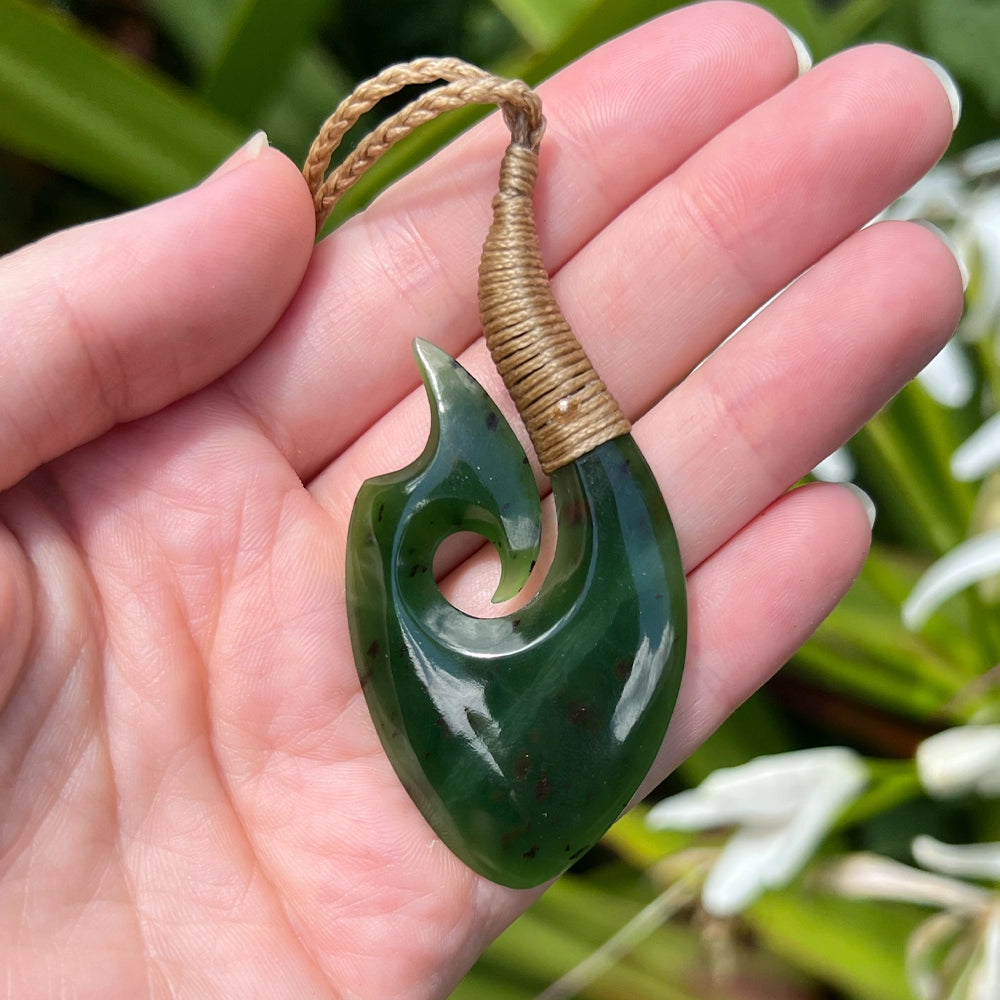 New Zealand Green Jade Matau Fish Hook Pendant with Hemp Cord