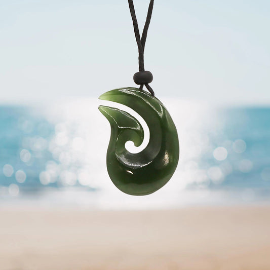 New Zealand Green Jade Matau Fish Hook Pendant with Adjustable Hemp Cord