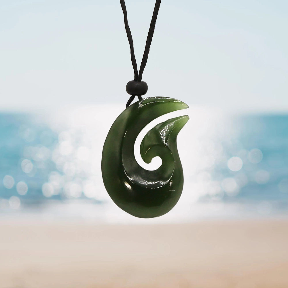 New Zealand Green Jade Matau Fish Hook Pendant with Adjustable Hemp Cord