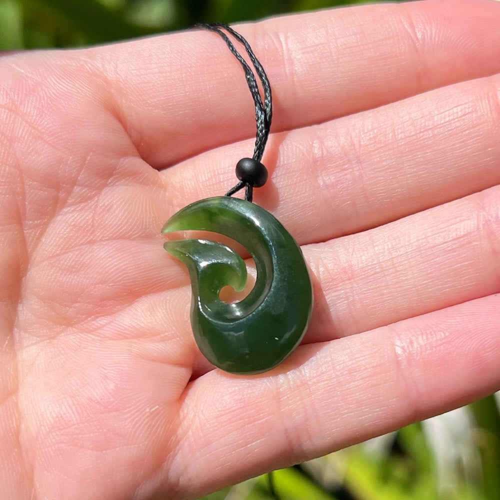 New Zealand Green Jade Matau Fish Hook Pendant with Adjustable Hemp Cord