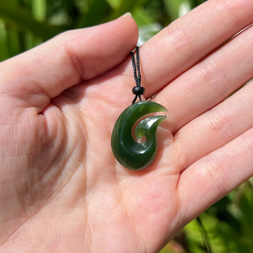 New Zealand Green Jade Matau Fish Hook Pendant with Adjustable Hemp Cord