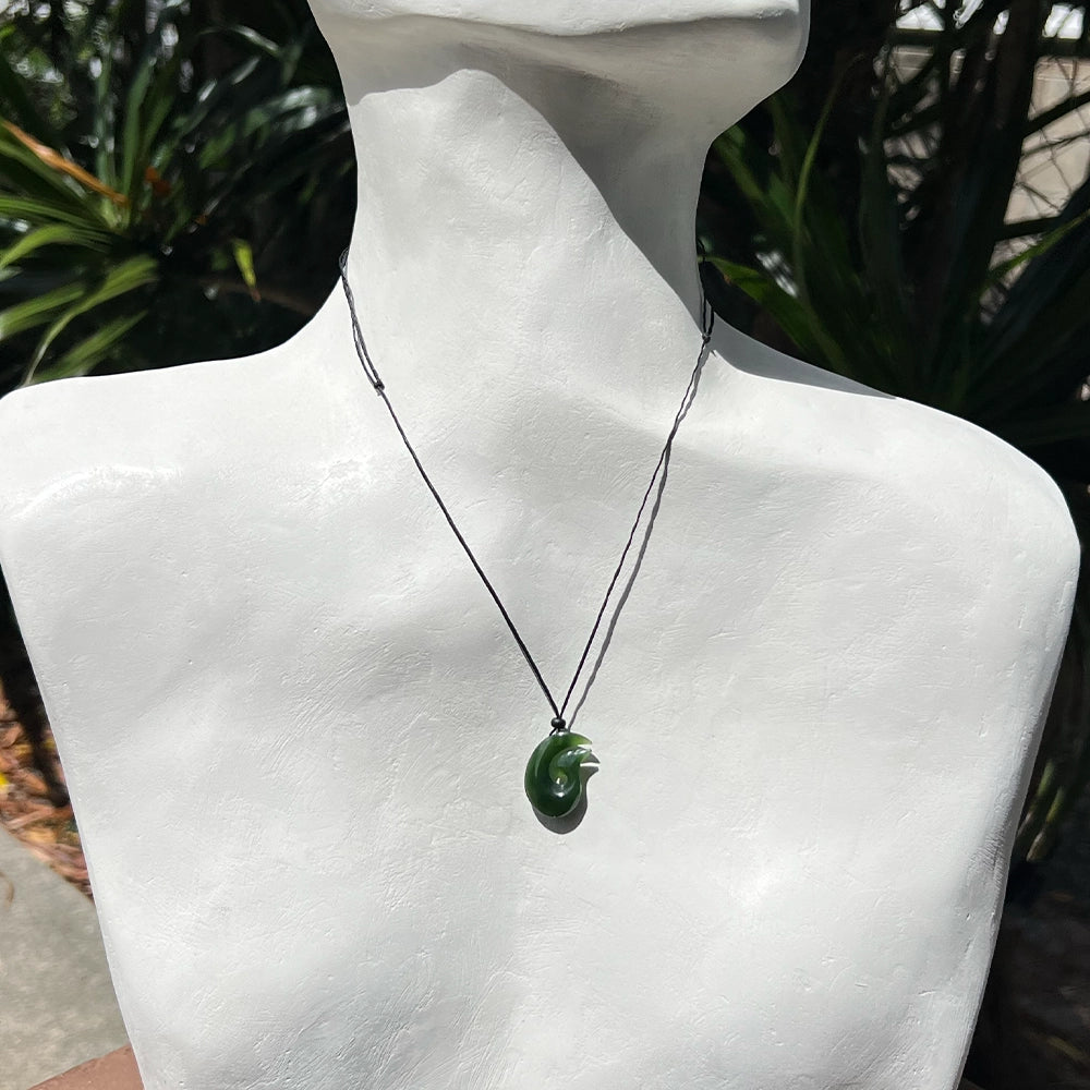 New Zealand Green Jade Matau Fish Hook Pendant with Adjustable Hemp Cord