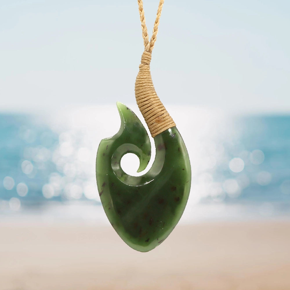 New Zealand Green Jade Matau Fish Hook Pendant with Hemp Cord