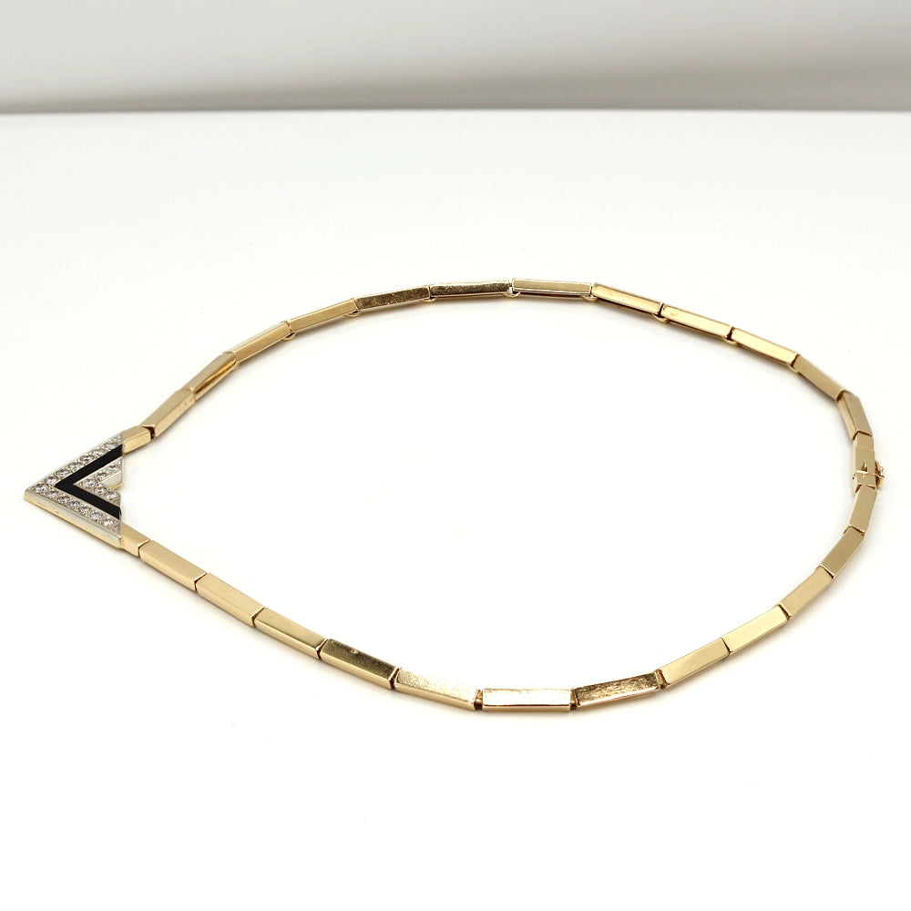 Vintage 80’s Chevron Necklace with Diamonds, Black Onyx, and 14K Yellow Gold
