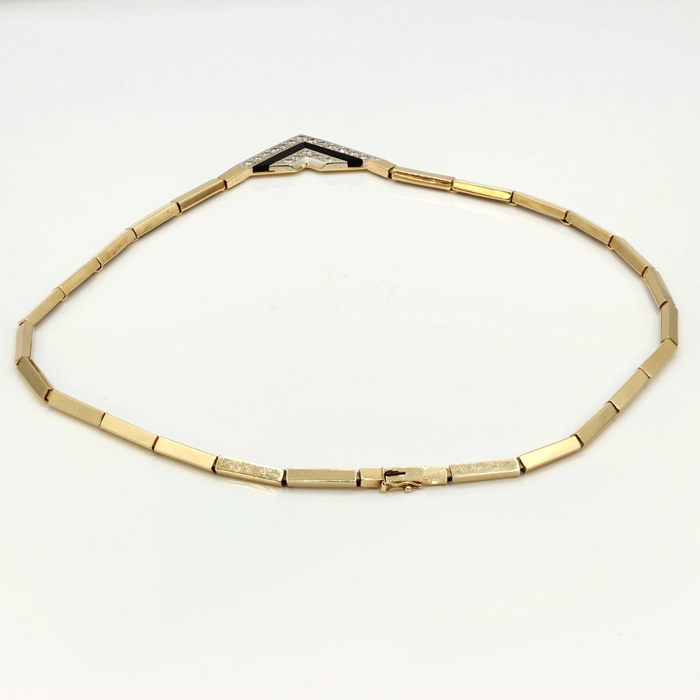 Vintage 80’s Chevron Necklace with Diamonds, Black Onyx, and 14K Yellow Gold