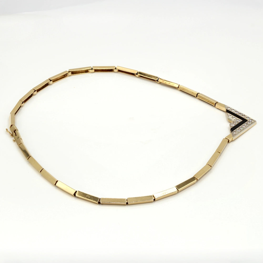 Vintage 80’s Chevron Necklace with Diamonds, Black Onyx, and 14K Yellow Gold