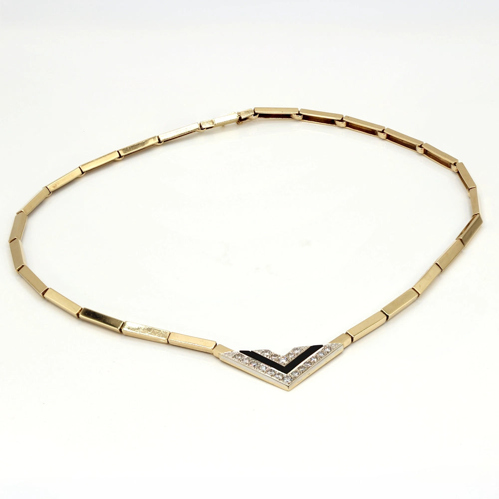 Vintage 80’s Chevron Necklace with Diamonds, Black Onyx, and 14K Yellow Gold