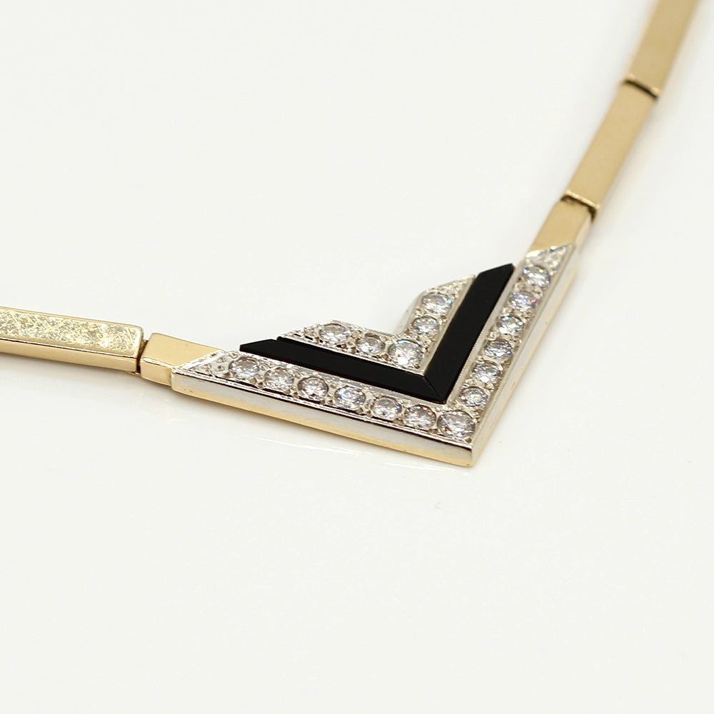 Vintage 80’s Chevron Necklace with Diamonds, Black Onyx, and 14K Yellow Gold