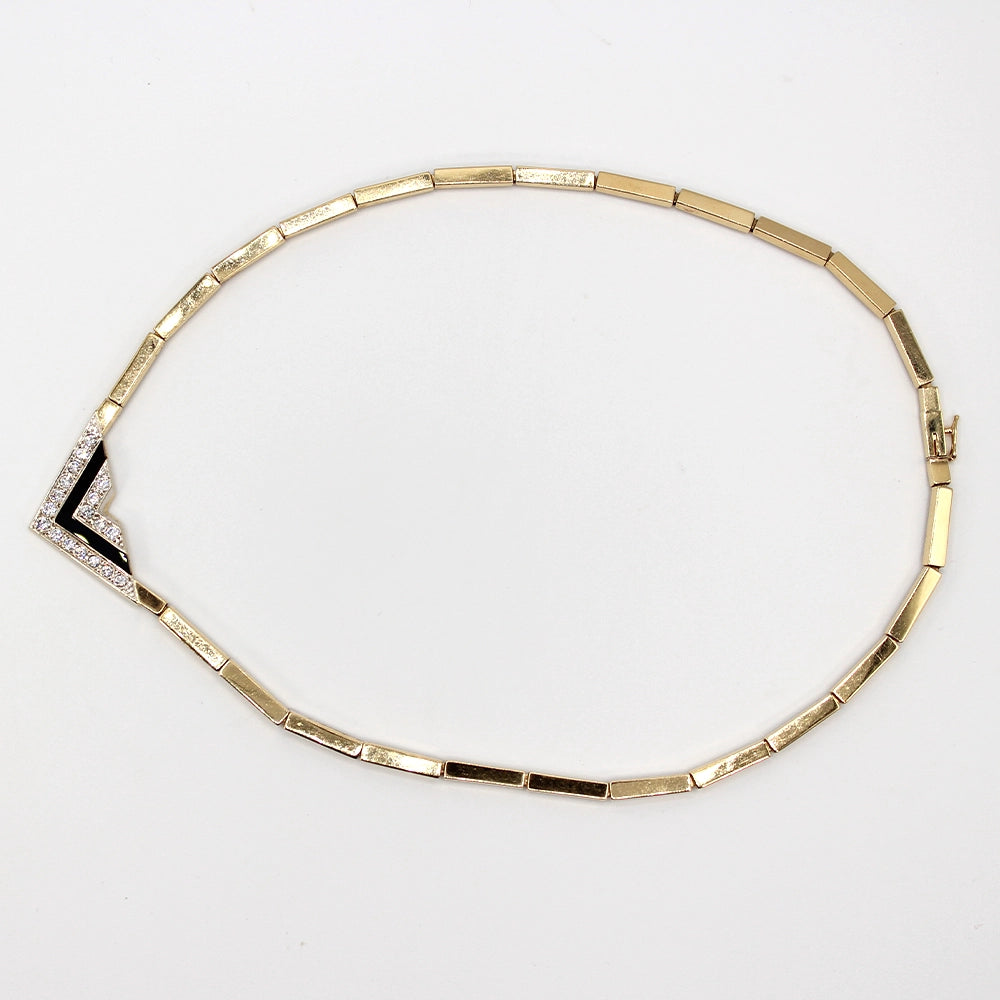 Vintage 80’s Chevron Necklace with Diamonds, Black Onyx, and 14K Yellow Gold