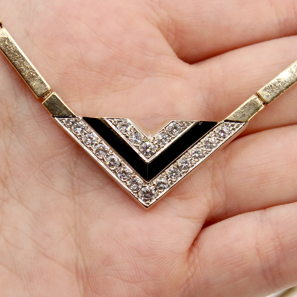 Vintage 80’s Chevron Necklace with Diamonds, Black Onyx, and 14K Yellow Gold