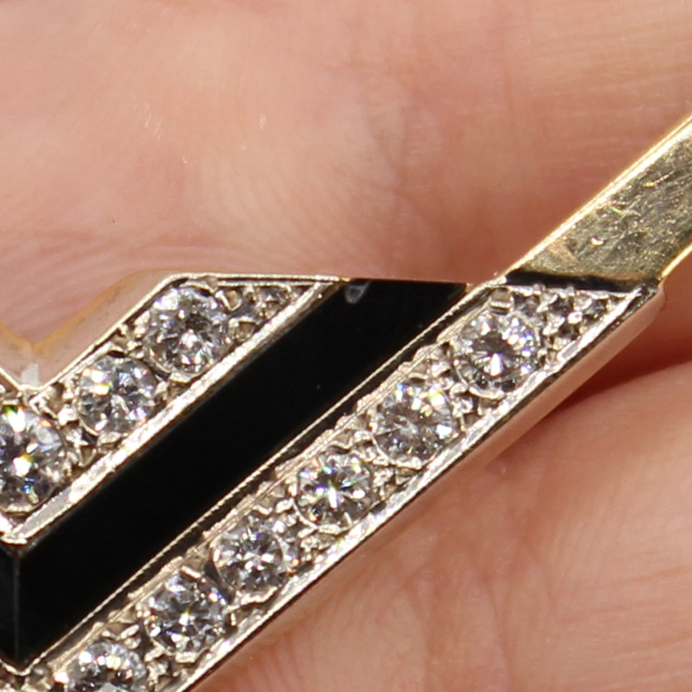 Vintage 80’s Chevron Necklace with Diamonds, Black Onyx, and 14K Yellow Gold