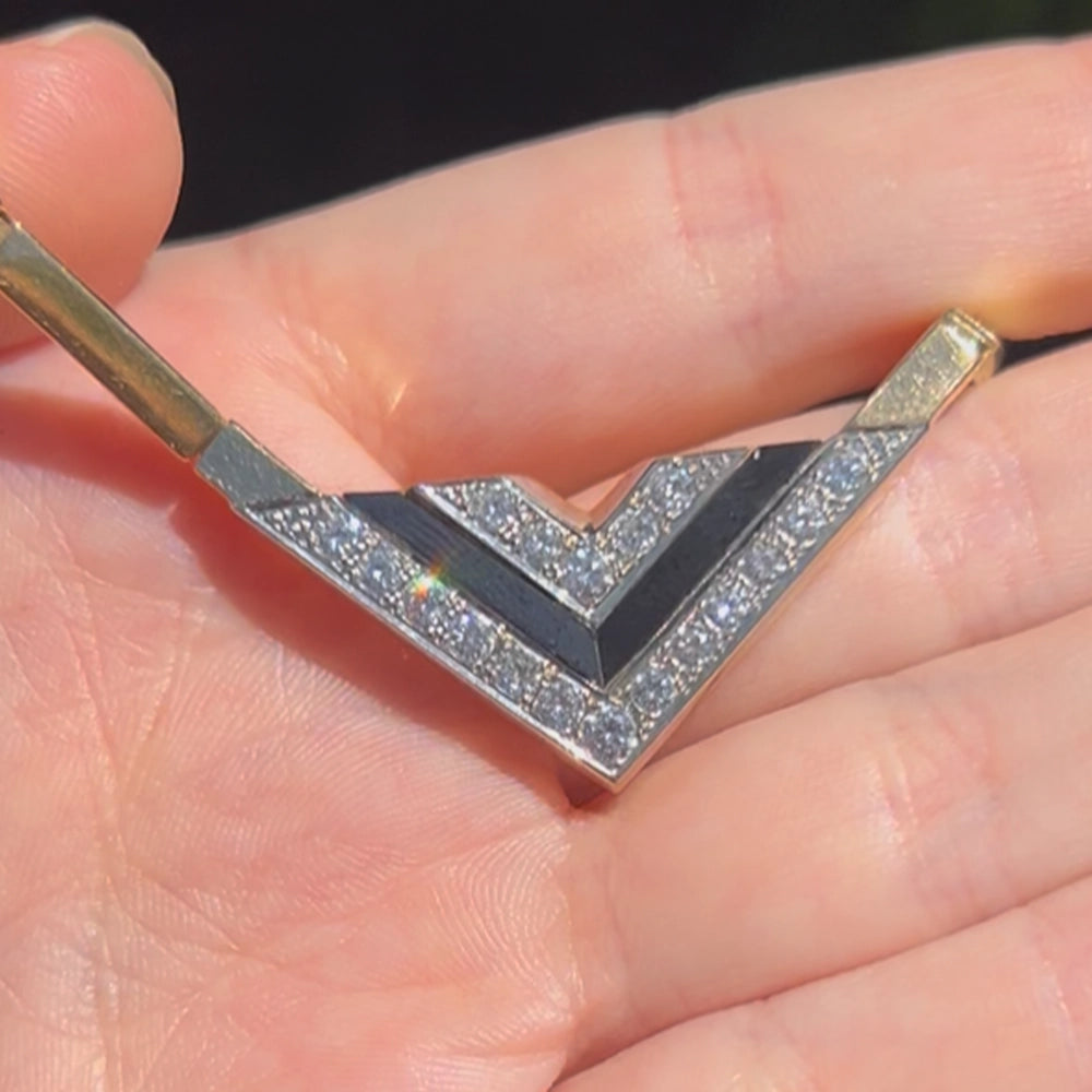 Vintage 80’s Chevron Necklace with Diamonds, Black Onyx, and 14K Yellow Gold