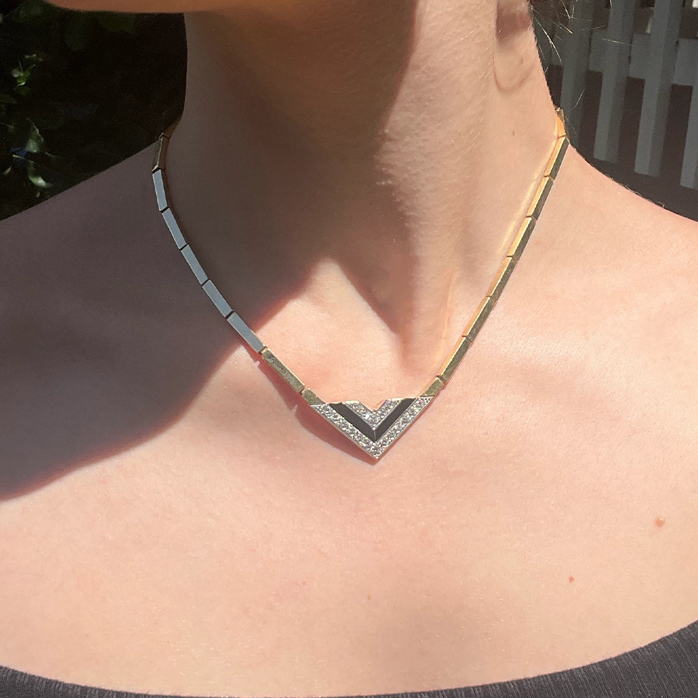 Vintage 80’s Chevron Necklace with Diamonds, Black Onyx, and 14K Yellow Gold
