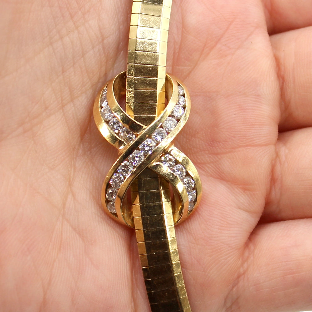 Vintage 90’s Y2K Omega Infinity Necklace with Diamonds and 14K Yellow Gold