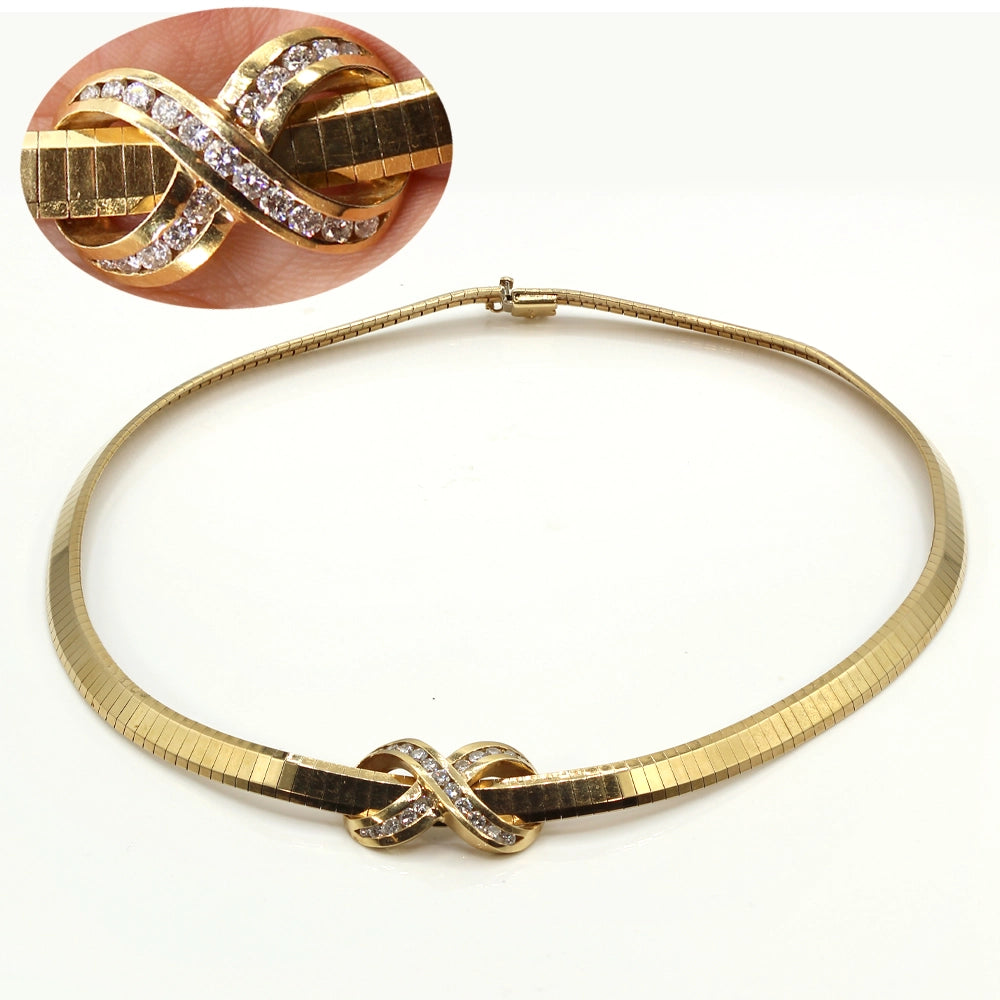 Vintage 90’s Y2K Omega Infinity Necklace with Diamonds and 14K Yellow Gold
