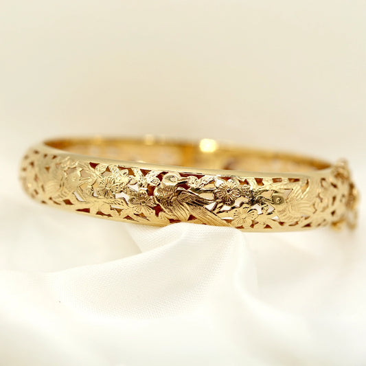 Ming’s Bird In Plum 14K Yellow Gold Hinged Bangle Bracelet SIZE 7.5