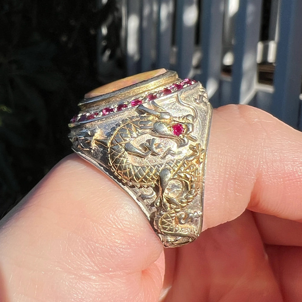 Sterling Silver Dragon Ring with Mexican Opal and Syn Rubies SIZE 8.75