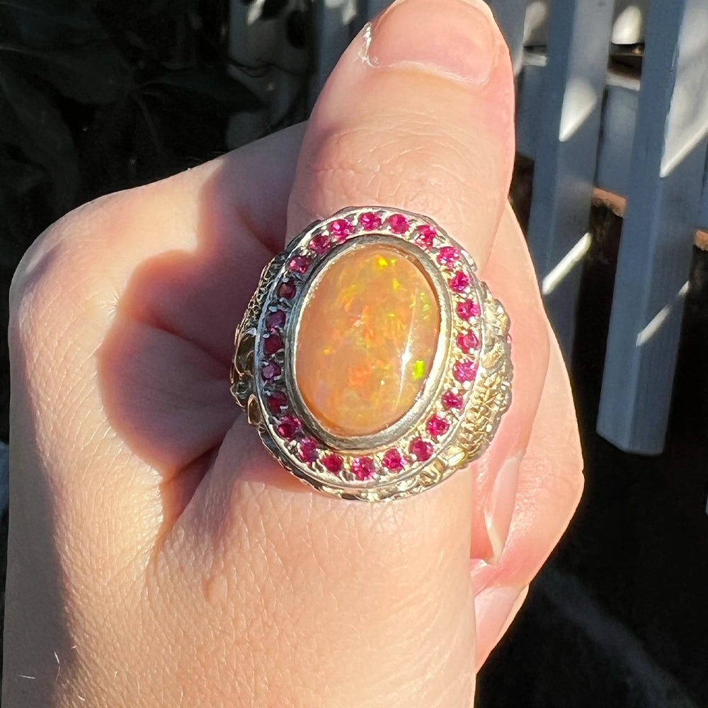 Sterling Silver Dragon Ring with Mexican Opal and Syn Rubies SIZE 8.75