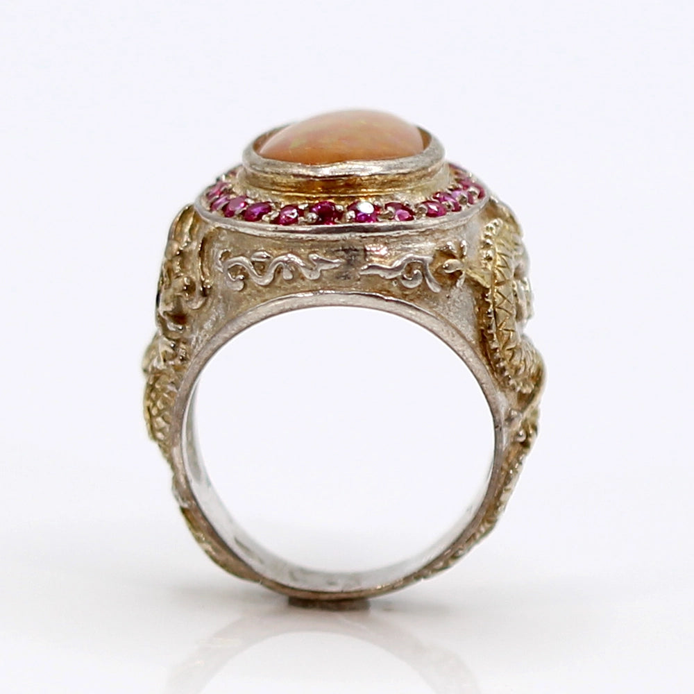 Sterling Silver Dragon Ring with Mexican Opal and Syn Rubies SIZE 8.75