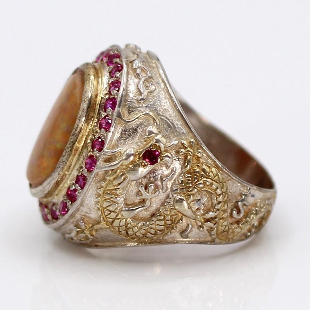 Sterling Silver Dragon Ring with Mexican Opal and Syn Rubies SIZE 8.75