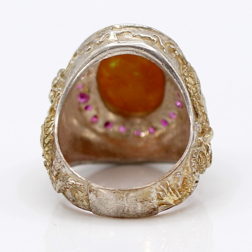 Sterling Silver Dragon Ring with Mexican Opal and Syn Rubies SIZE 8.75