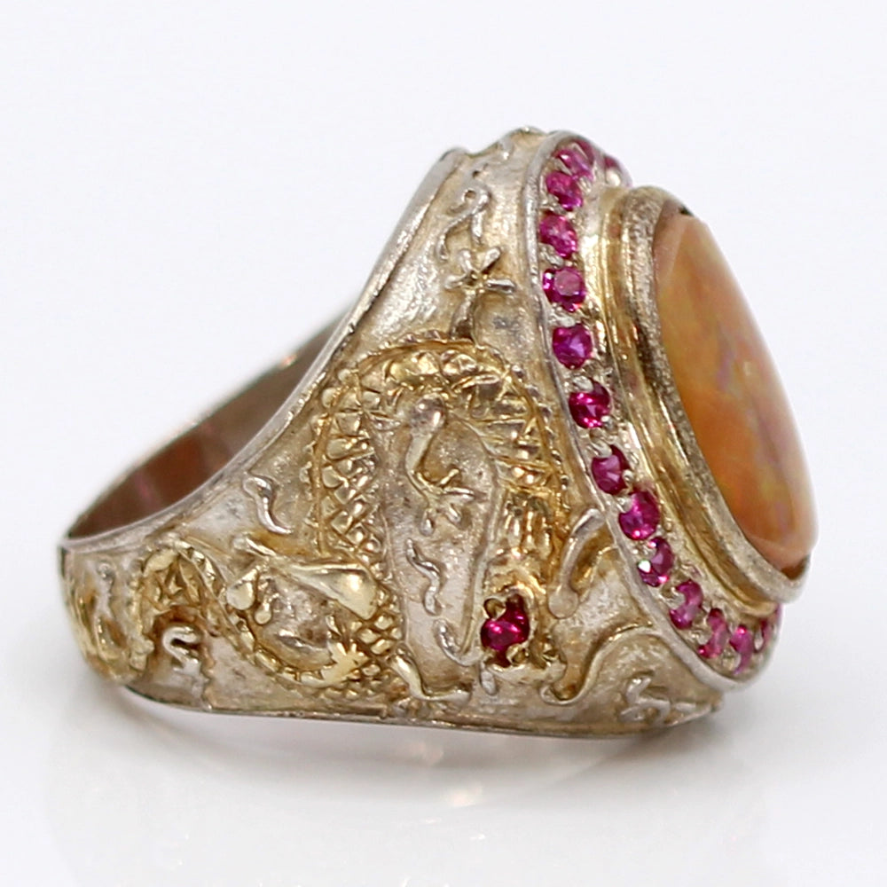 Sterling Silver Dragon Ring with Mexican Opal and Syn Rubies SIZE 8.75