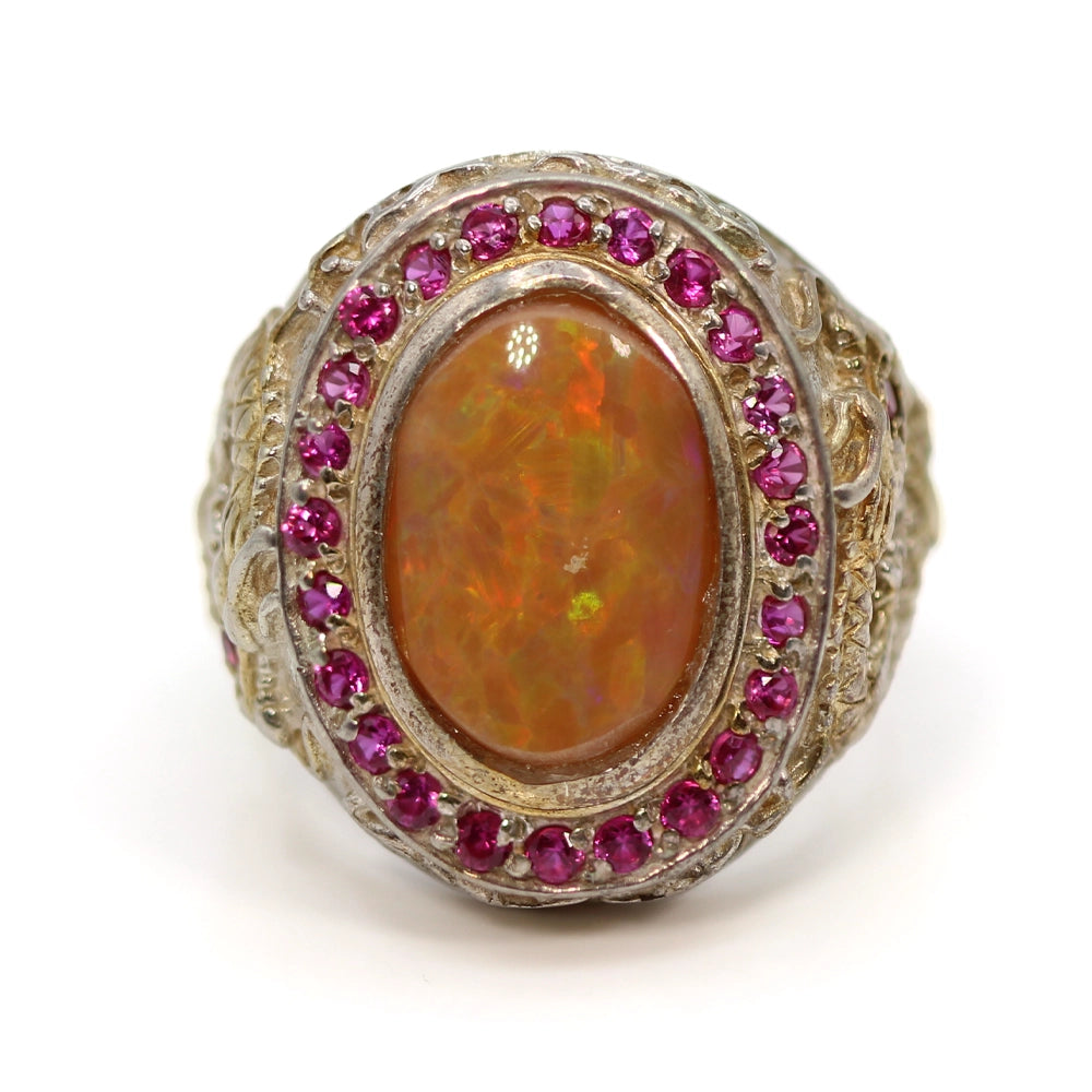 Sterling Silver Dragon Ring with Mexican Opal and Syn Rubies SIZE 8.75
