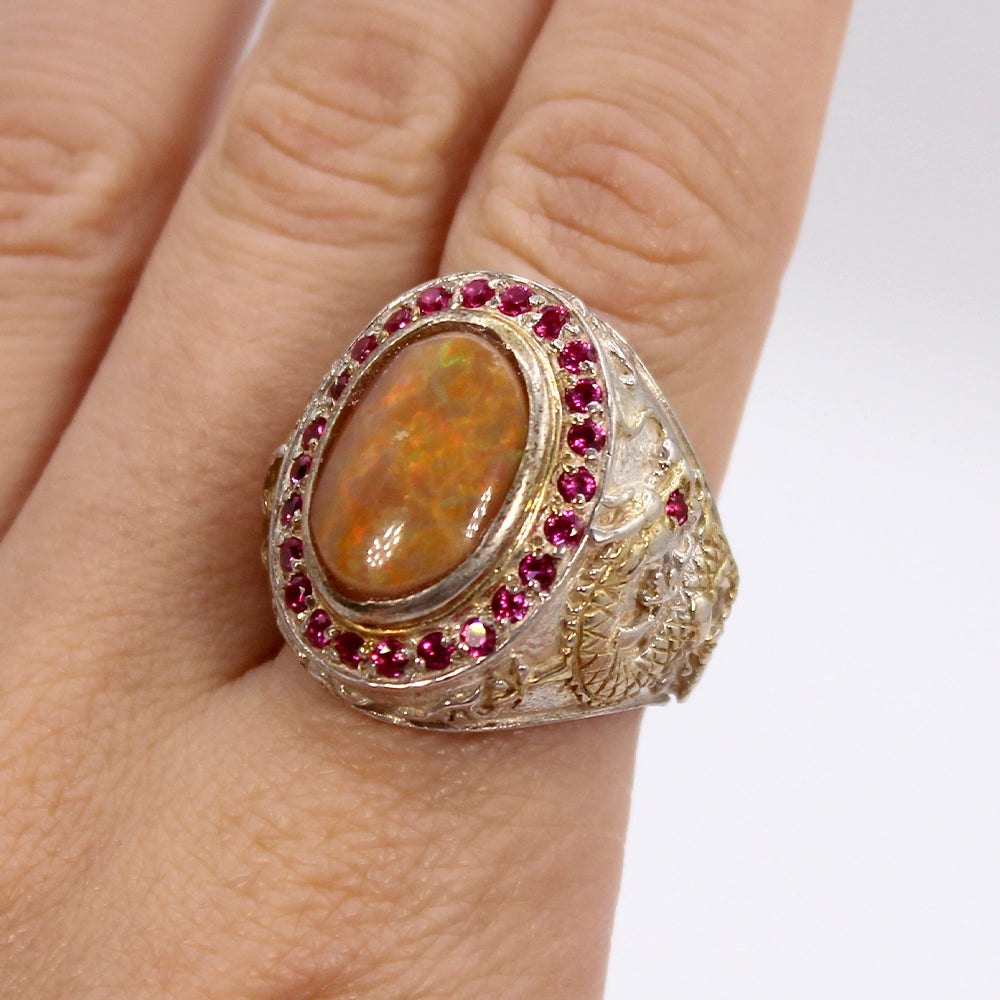 Sterling Silver Dragon Ring with Mexican Opal and Syn Rubies SIZE 8.75