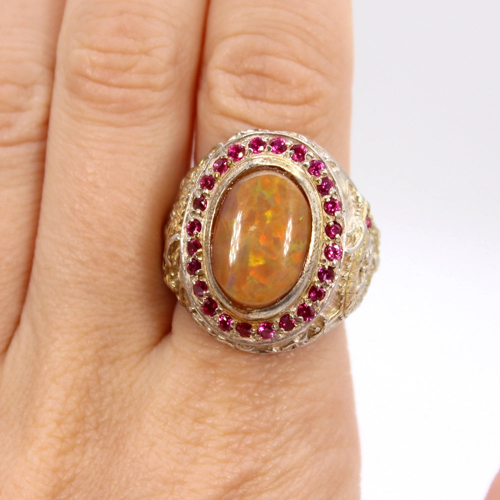 Sterling Silver Dragon Ring with Mexican Opal and Syn Rubies SIZE 8.75