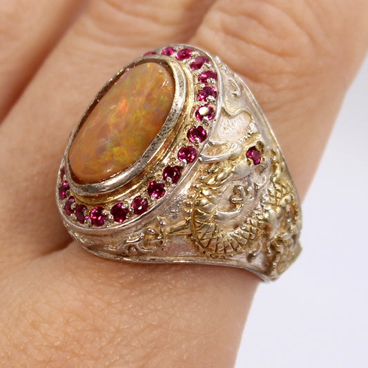 Sterling Silver Dragon Ring with Mexican Opal and Syn Rubies SIZE 8.75