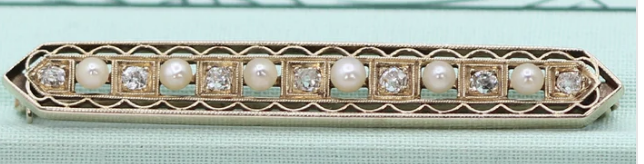14K Yellow Gold Old Mine Cut Diamond and Pearl Brooch