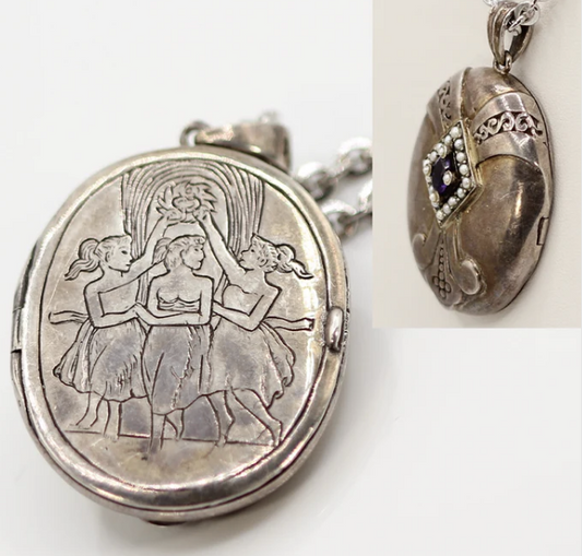 Sterling Silver Antonio Canova ‘Three Graces Dancing’ Locket with Amethyst and Pearls