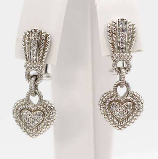 Judith Ripka Sterling Silver CZ Heart Dangle Earrings