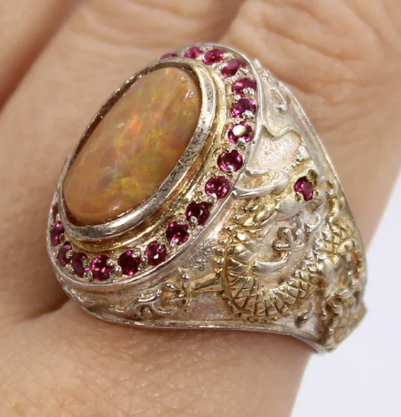 Sterling Silver Dragon Ring with Mexican Opal and Syn Rubies SIZE 8.75