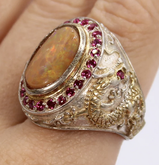 Sterling Silver Dragon Ring with Mexican Opal and Syn Rubies SIZE 8.75