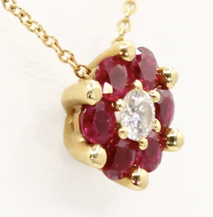 18K Yellow Gold Ruby and Diamond Flower Pendant with Chain