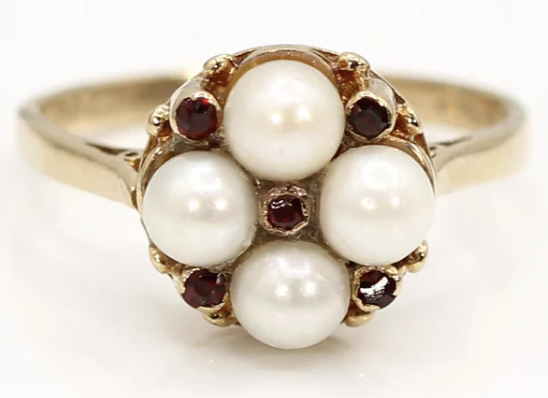 Vintage 9K Yellow Gold Cultured Pearl and Garnet Ring SIZE 8.5