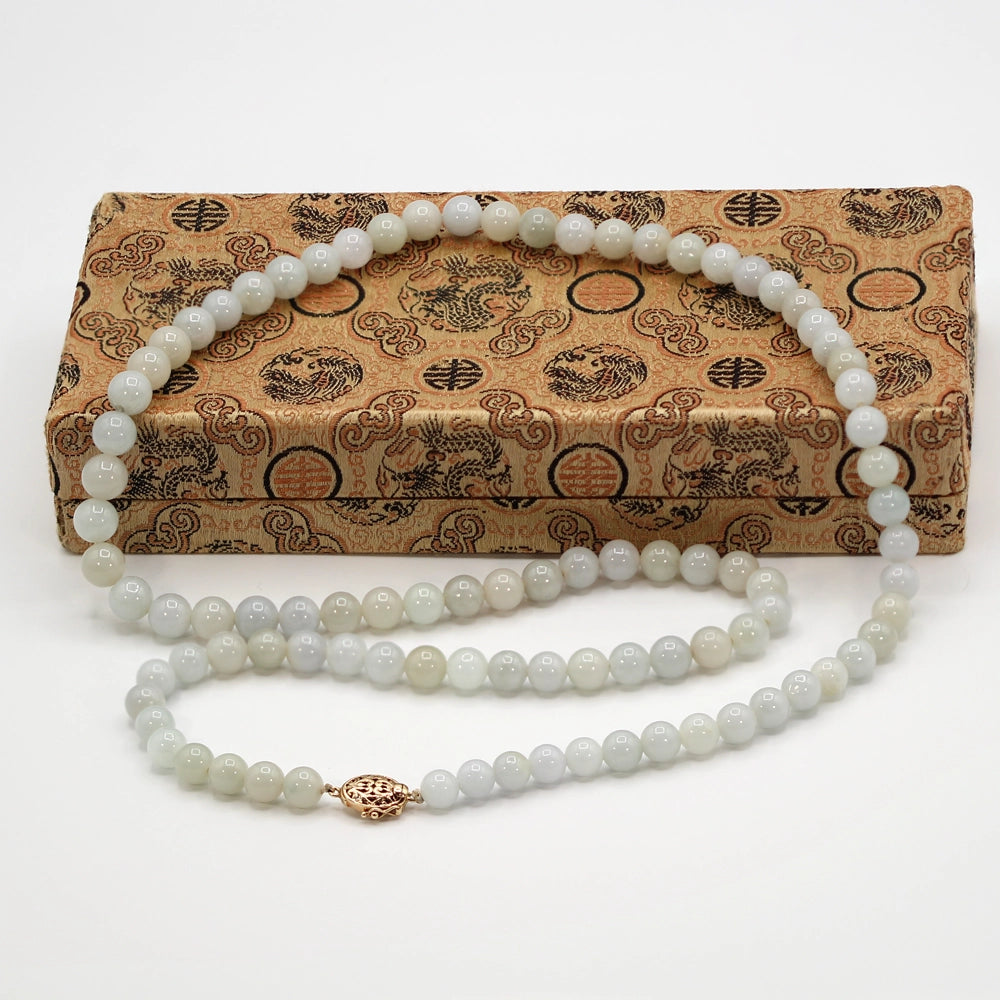 Ming’s Hawaii Pale Green Jade Beaded Necklace with 14K Yellow Gold Clasp - With Box!