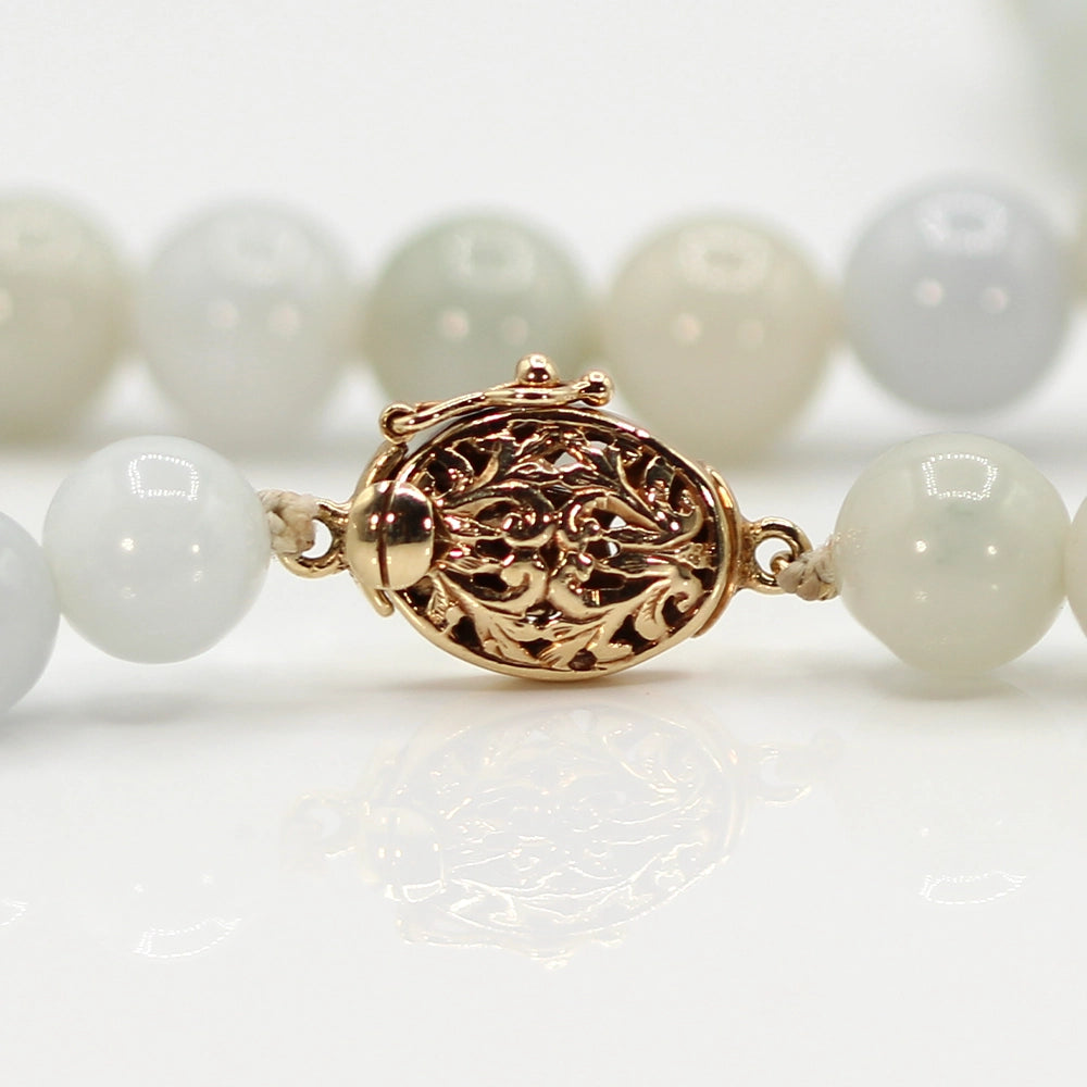 Ming’s Hawaii Pale Green Jade Beaded Necklace with 14K Yellow Gold Clasp - With Box!
