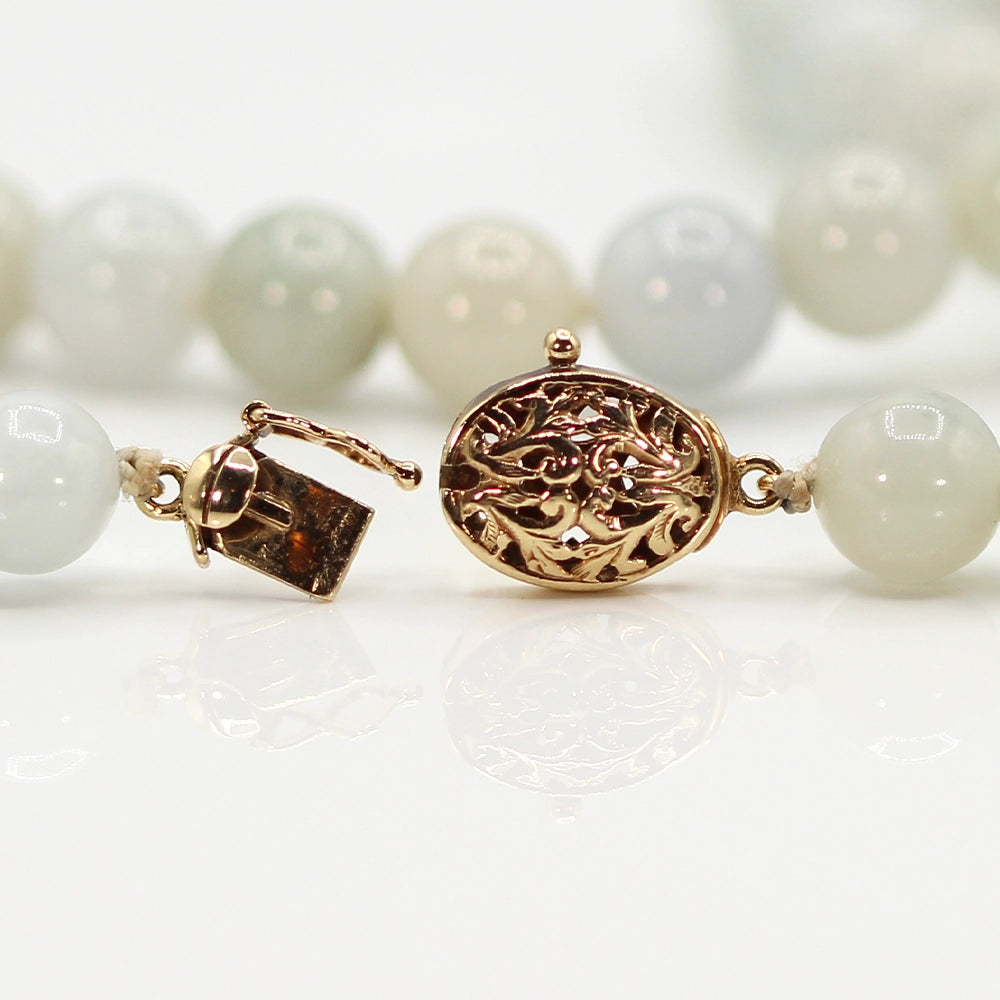 Ming’s Hawaii Pale Green Jade Beaded Necklace with 14K Yellow Gold Clasp - With Box!